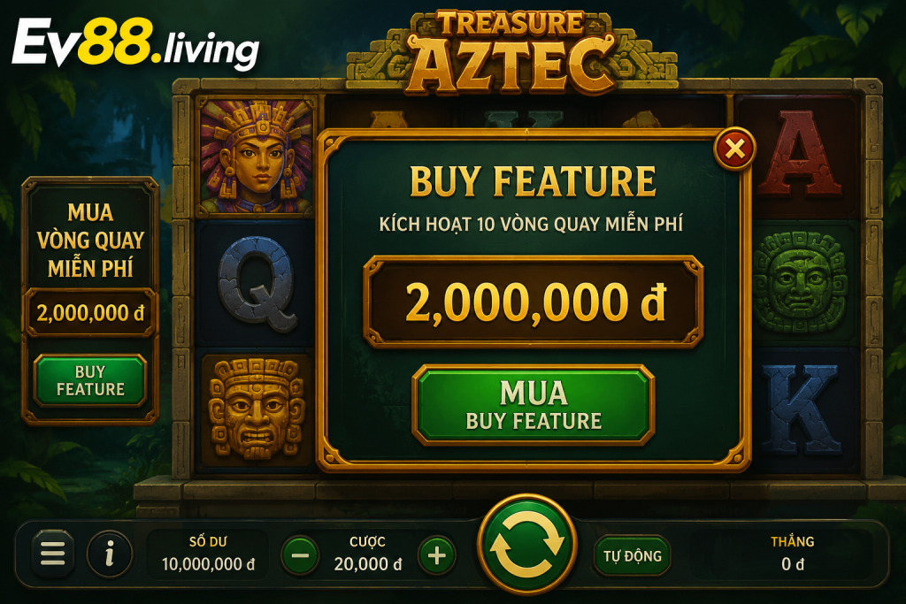 Giao diện game nổ hũ hiển thị nút Buy Feature cùng mức giá mua vòng quay thưởng tại EV88.
