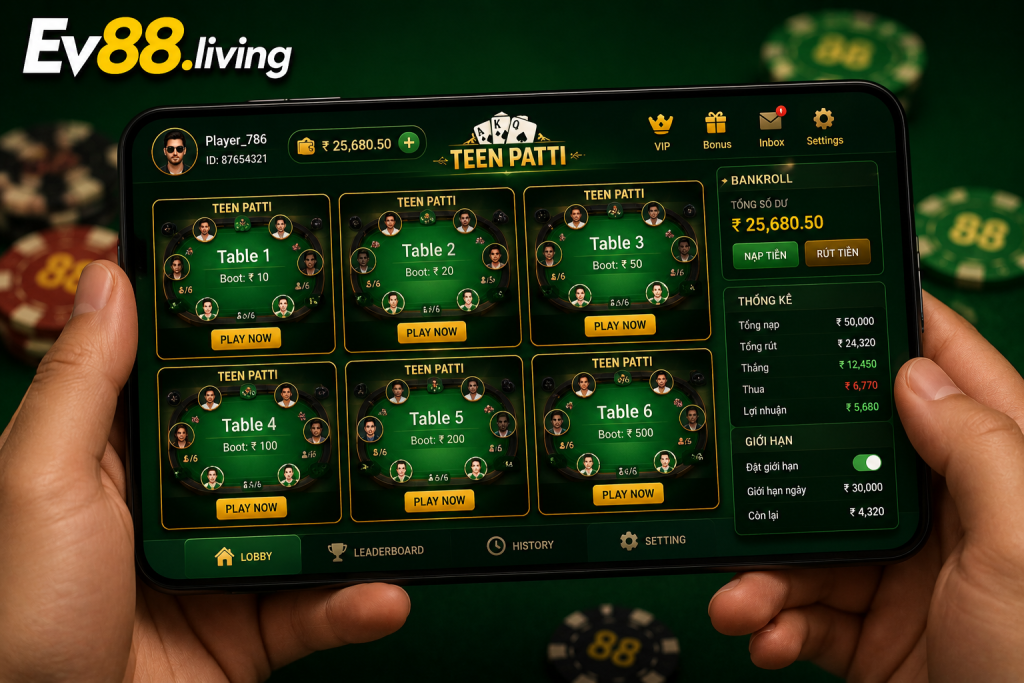 Người chơi theo dõi nhiều bàn Teen Patti và quản lý ngân sách trên điện thoại tại EV88